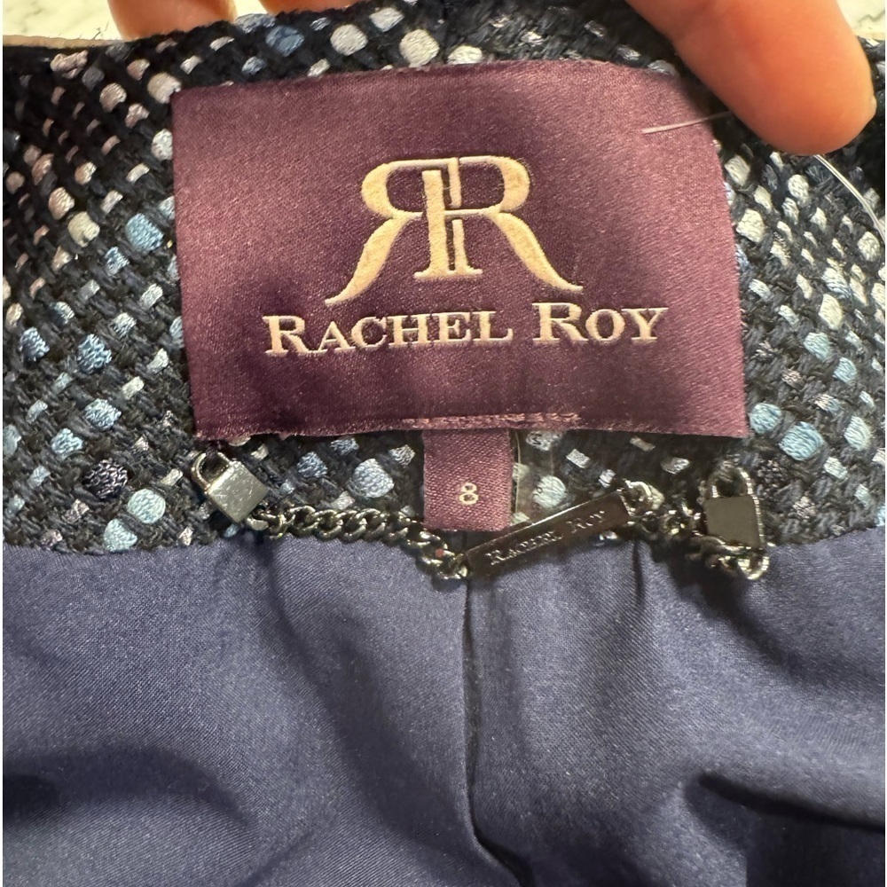 RACHEL ROY Leather Trim Career Jacket Blazer 8 Long Sleeve Full Zip Lined Blue K - Picture 5 of 10